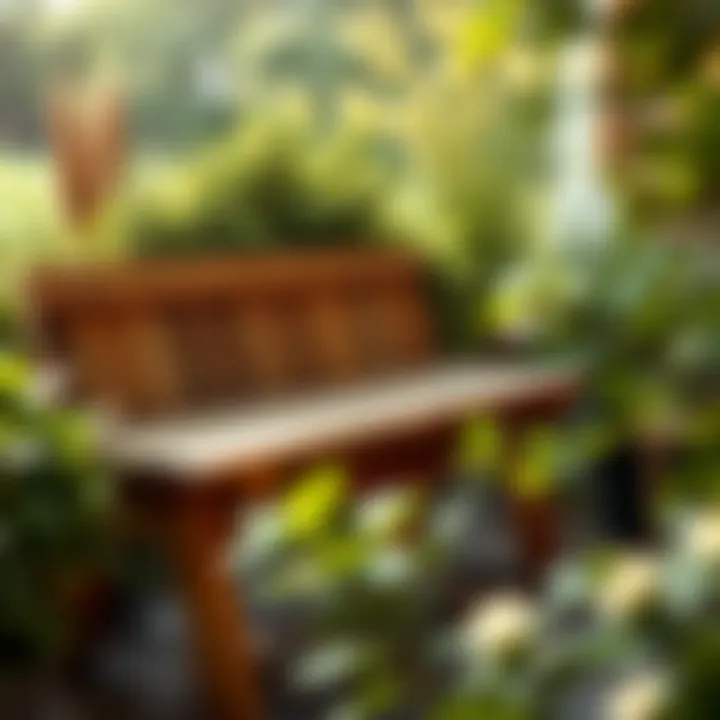 Natural Wood Bench Blending with Nature Natural wood patio porch bench surrounded by greenery