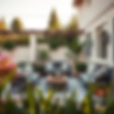 Stylish Arrangement of Outdoor Space Stylishly arranged patio area featuring benches and decorative elements