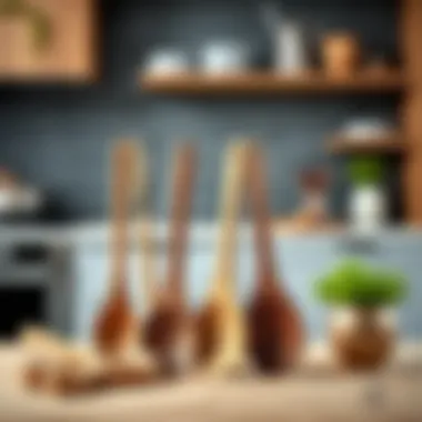 Stylish Wooden Kitchen Utensils Elegant wooden utensils displayed in a stylish kitchen setting