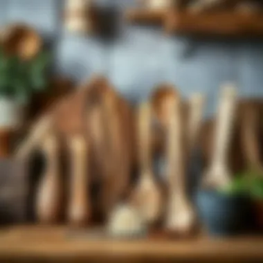 Diversity of Wooden Kitchen Tools A variety of wooden utensils against a backdrop of natural materials