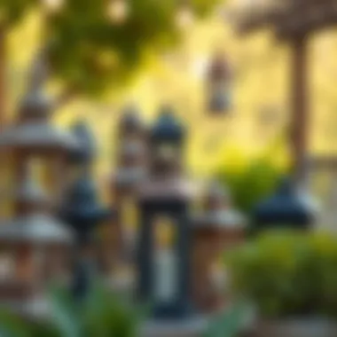 A Cluster of Diverse Wood Lanterns in a Serene Outdoor Setting A cluster of diverse wood lanterns in a serene outdoor setting
