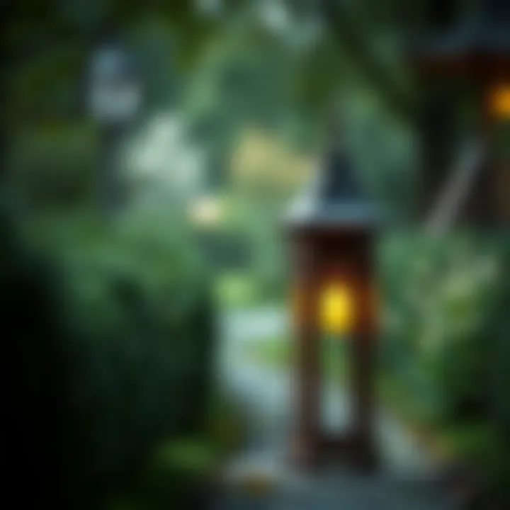 Elegant Wood Lantern Illuminating a Garden Path Elegant wood lantern illuminating a garden path