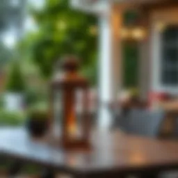 Rustic outdoor wood lantern on a patio table