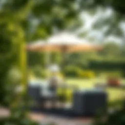 Elegant patio umbrella without a base in a serene garden setting