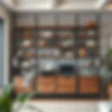 A modern open shelving unit displaying decorative items and books