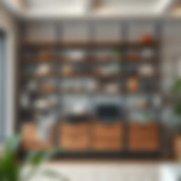 Versatile Open Shelving for Aesthetic Appeal A modern open shelving unit displaying decorative items and books