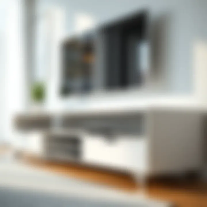 Sleek Design Features of White and Glass TV Stand Close-up of the sleek design details of a white and glass TV stand